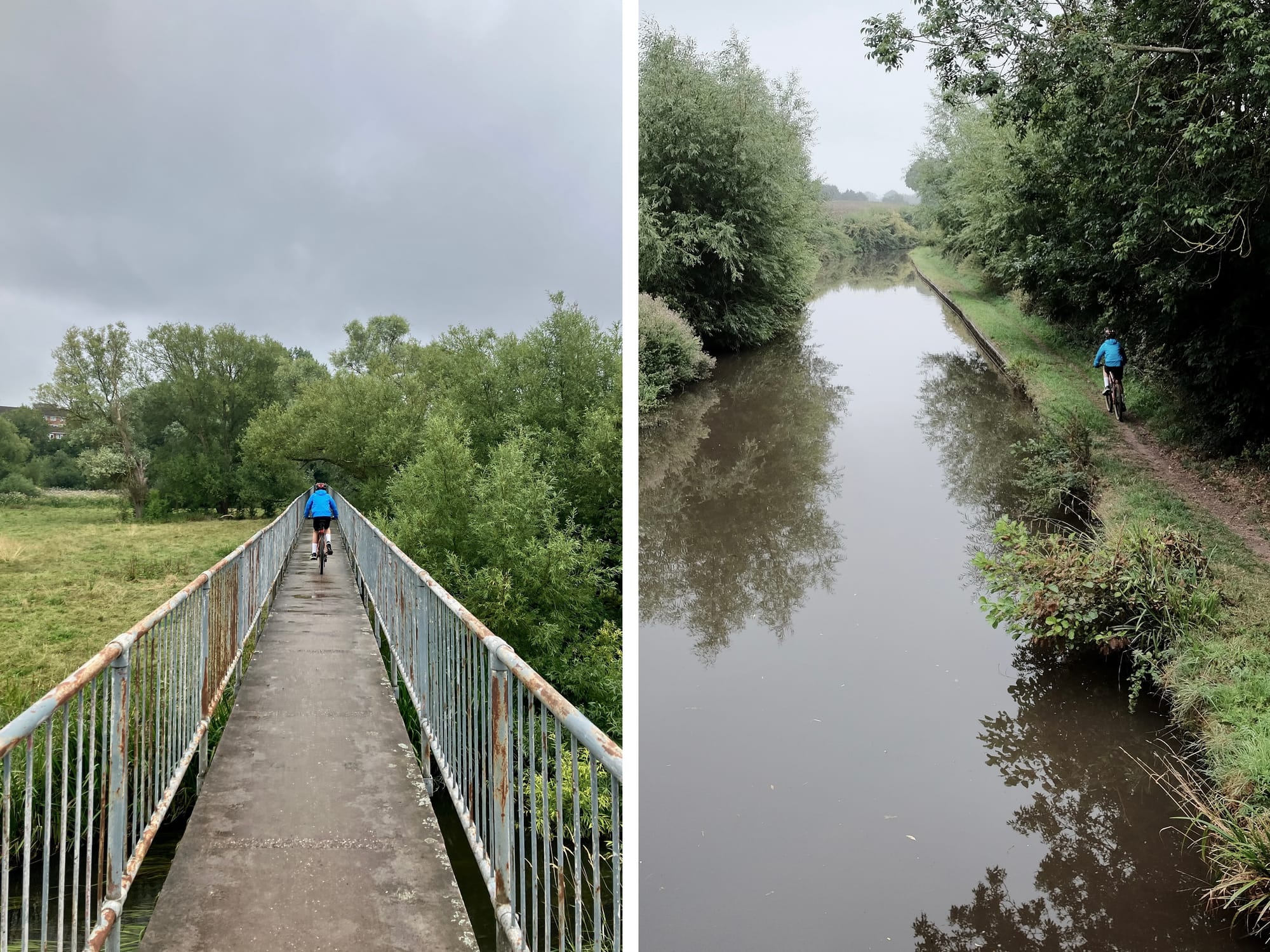 An image showing two photos: on the left a cyclist in blue rides across a narrow bridge, on the right the cyclist rides along the canal towpath.