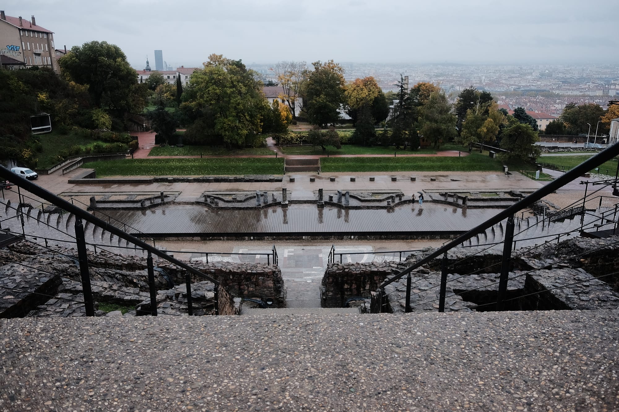The Roman amphitheatre at Fourvière in Lyon – stepped stone seating leads down to a grassy area