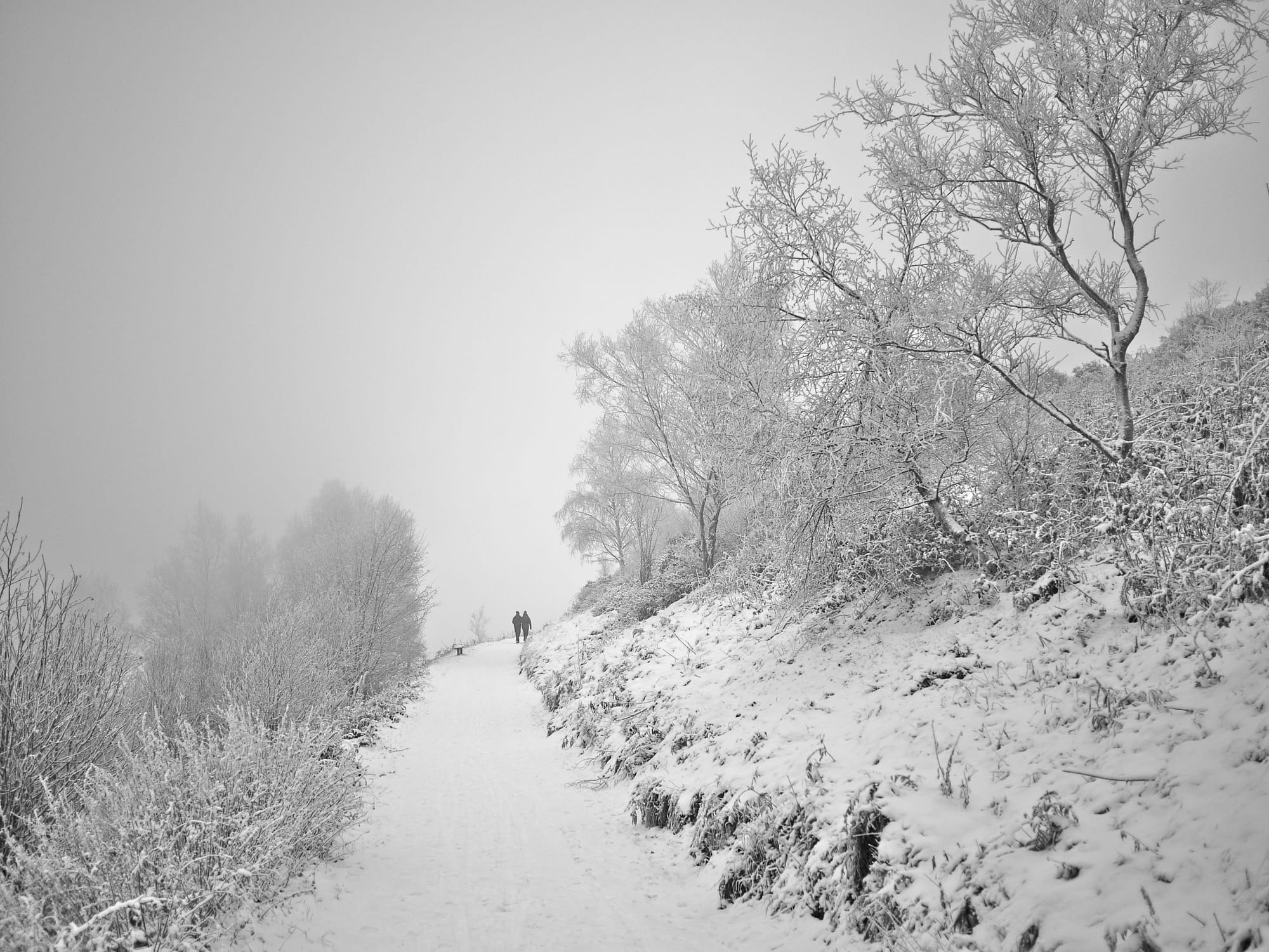 Two figues walk up a snowy hillside path in whiteout condition.
