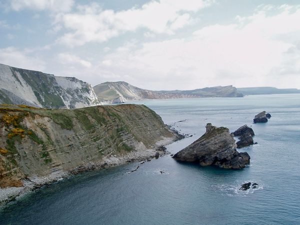 Between Lulworth and Kimmeridge, rocky cliffs – white with patches of green – jut out into a pale blue sea.