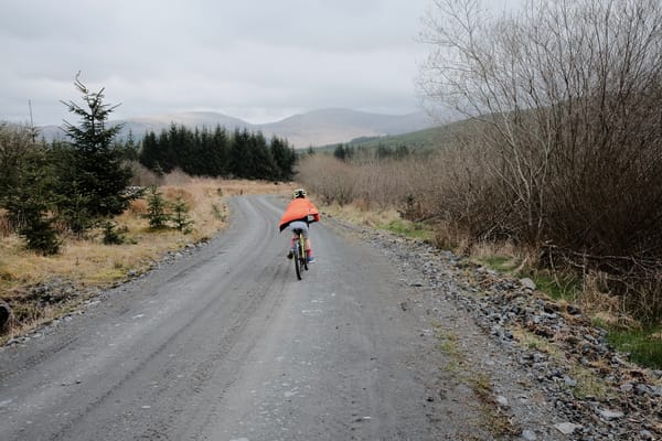 A child in a billowing organge jacket cycles away down a sweeping forest track, mountains in the distance.