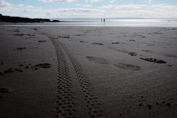 Bike tyre tracks and footprints are visible on a sandy beach, with the silhouettes of people in the distance by the sea.